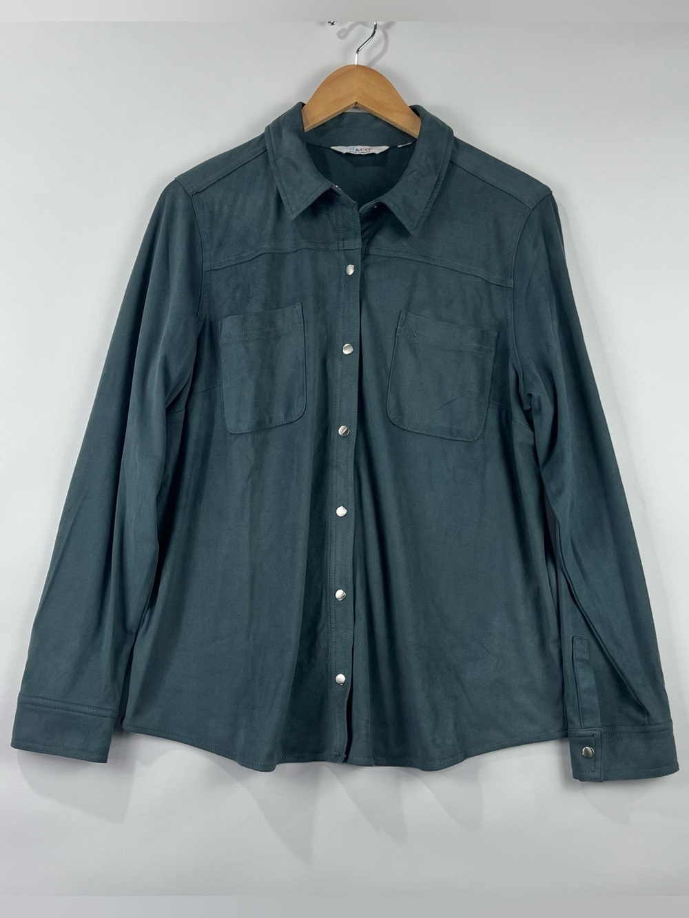 Denim & Co Faux Suede Shirt Jacket Metal Snaps Pockets Lightweight Shacket L XL - Picture 1 of 10